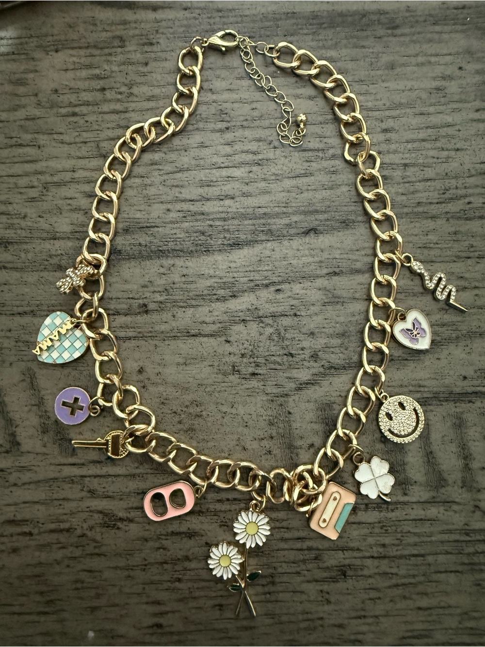 Gold Charm Chain Necklace with Pastel Heart, Daisy & Clover Charms